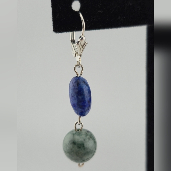 Sterling Silver 925 Lapis & Green Stone Dangle Earrings Leverback 2" Drop - Picture 3 of 8